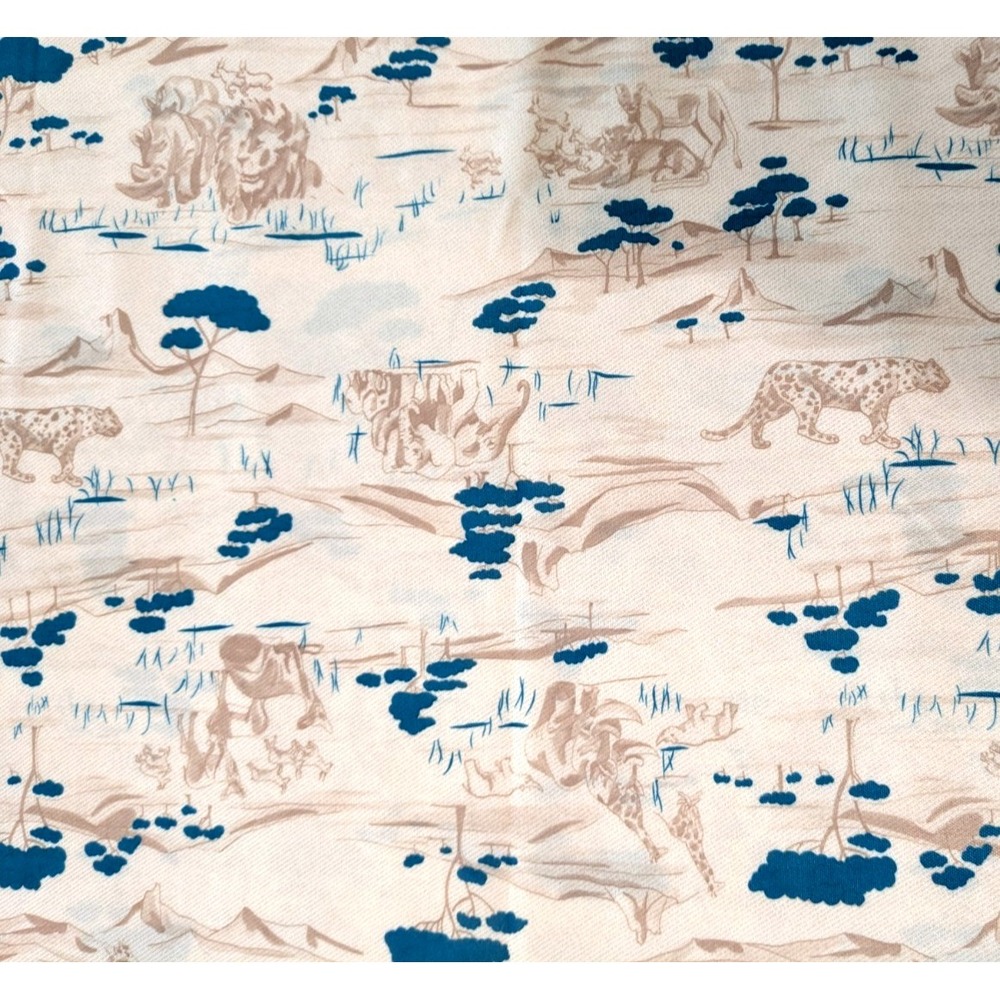 2.9 Yard Vintage 70s 80s Blue Cream Safari Print Fabric Synthetic Stretch 60x104